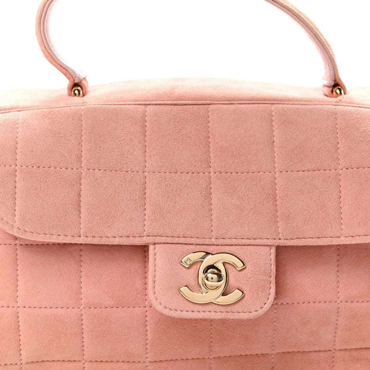 CHANEL SUEDE CHOCOLATE BAR TOP HANDLE FLAP BAG IN PINK