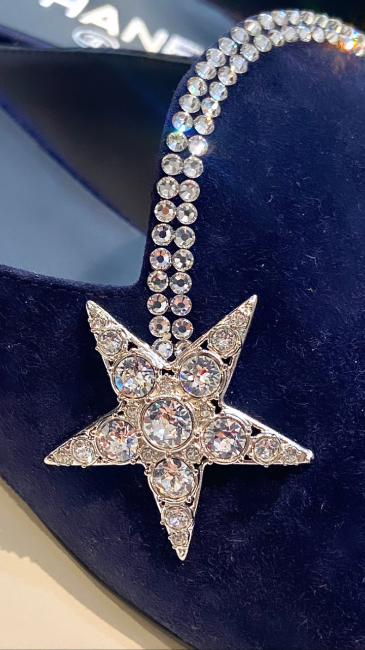 CHANEL SUEDE CALFSKIN GROSGRAIN CRYSTAL CC STAR MULES