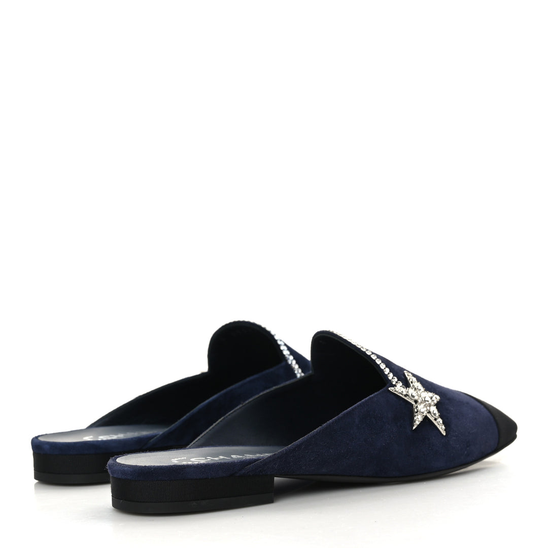 CHANEL SUEDE CALFSKIN GROSGRAIN CRYSTAL CC STAR MULES