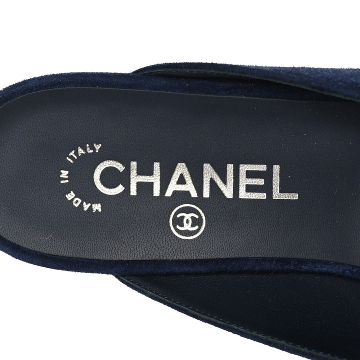 CHANEL SUEDE CALFSKIN GROSGRAIN CRYSTAL CC STAR MULES