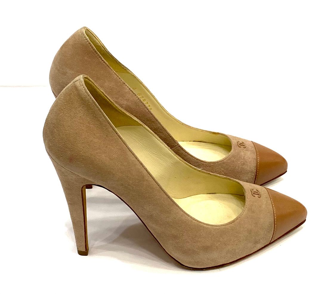 CHANEL CC SUEDE &amp; LEATHER CAP TOE PUMPS
