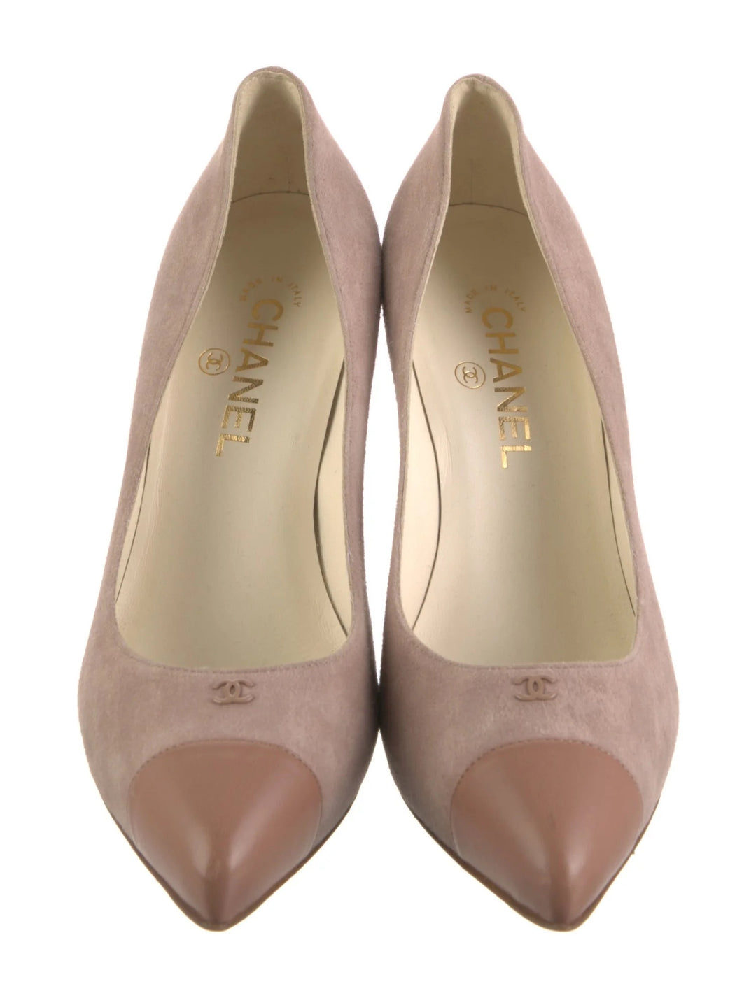 CHANEL CC SUEDE &amp; LEATHER CAP TOE PUMPS