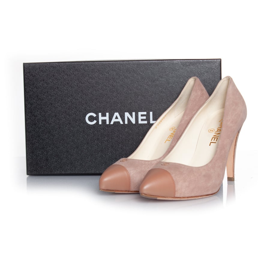 CHANEL CC SUEDE &amp; LEATHER CAP TOE PUMPS