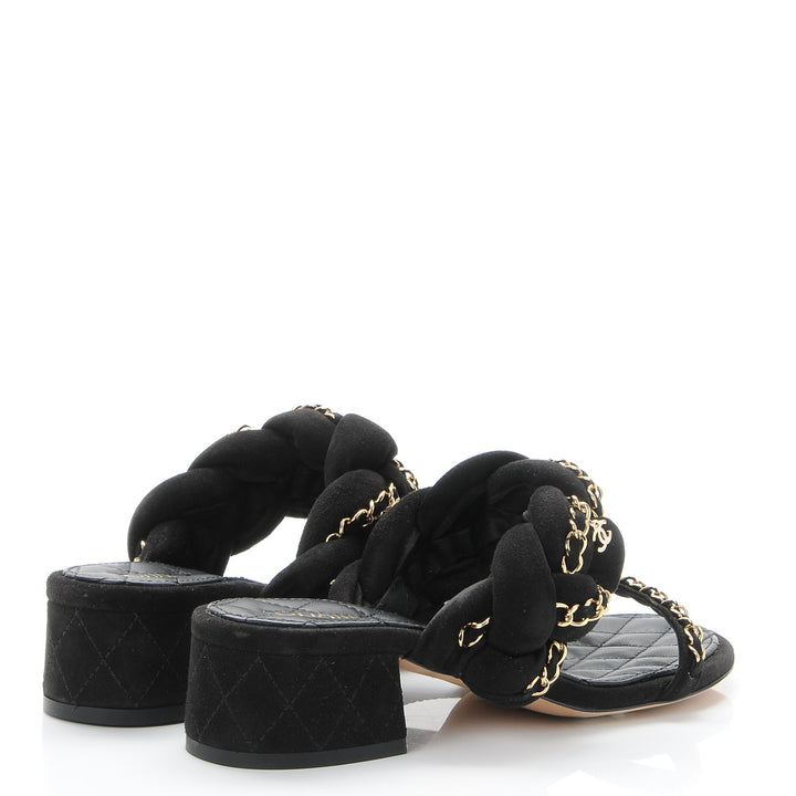 CHANEL SUEDE BRAIDED CHAIN CC CHARM MULES