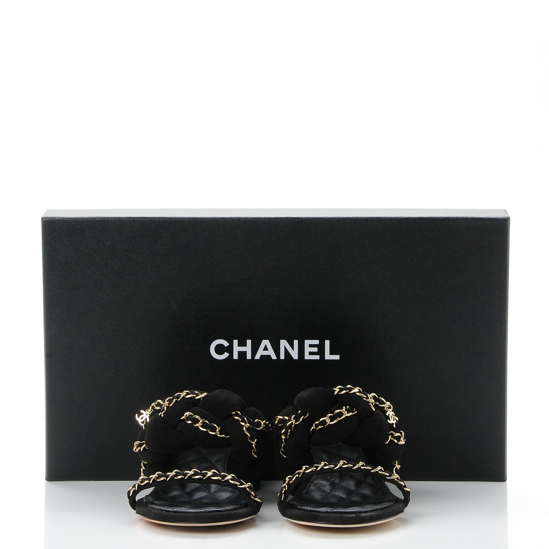 CHANEL SUEDE BRAIDED CHAIN CC CHARM MULES