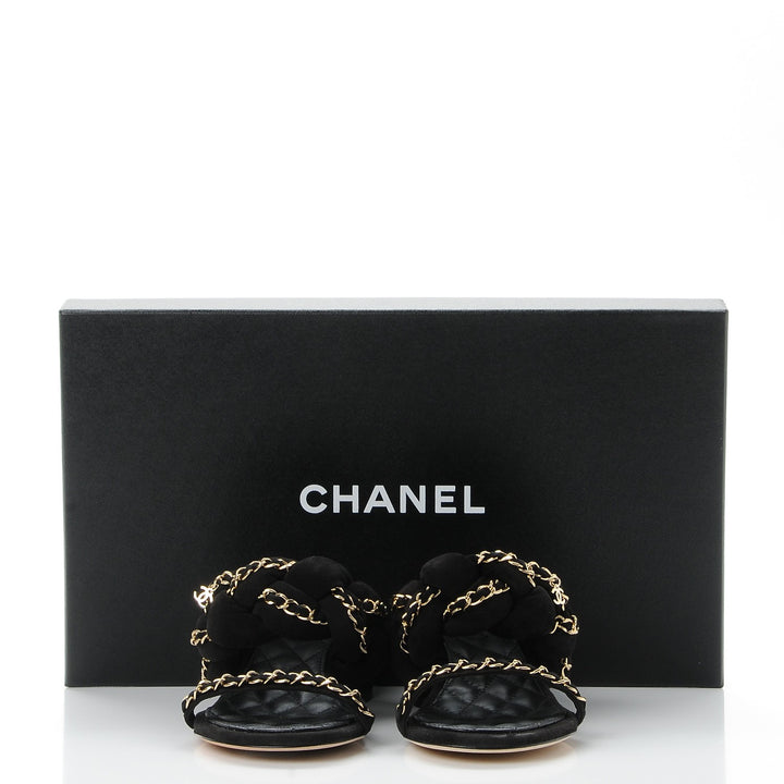 CHANEL SUEDE BRAIDED CHAIN CC CHARM MULES