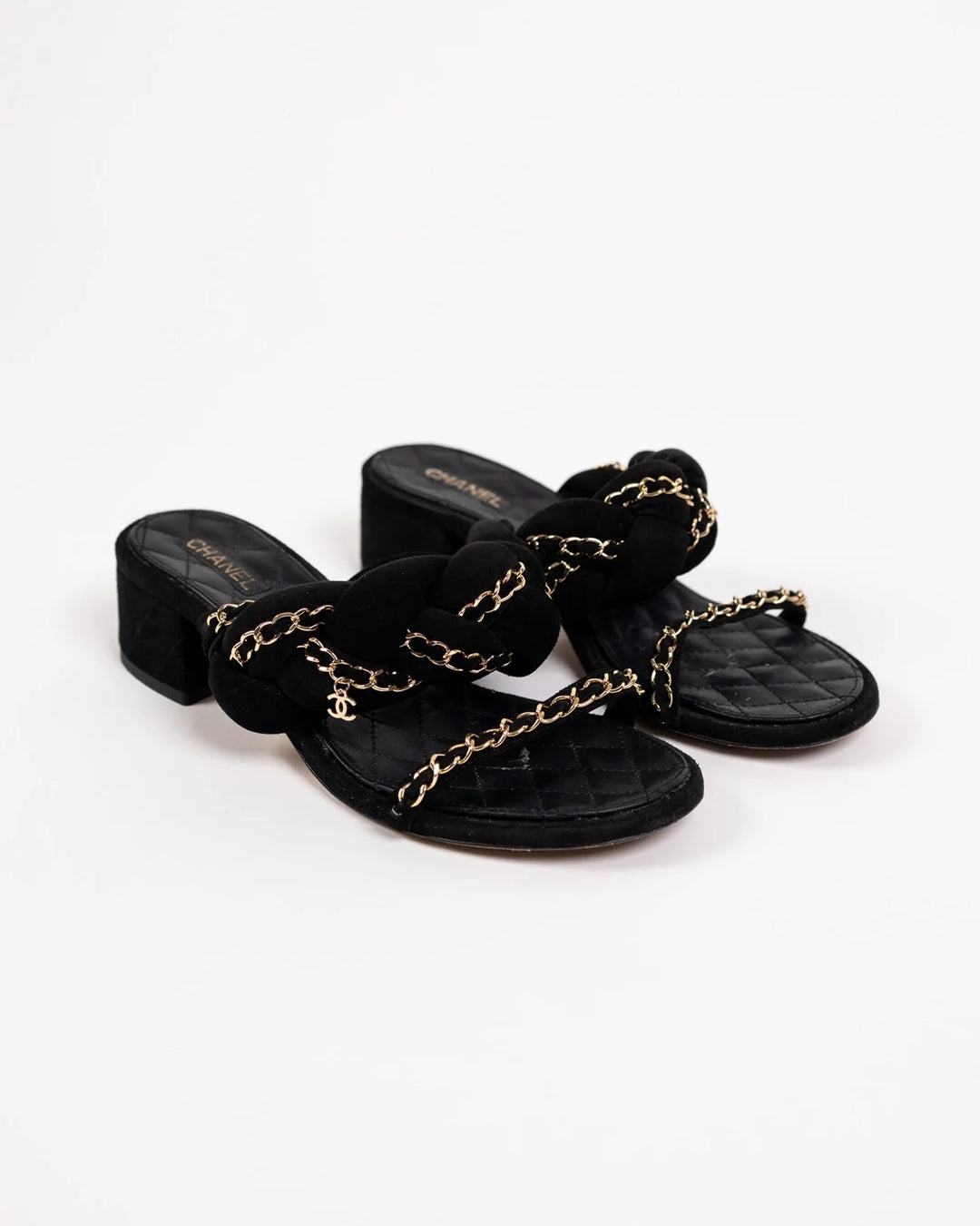 CHANEL SUEDE BRAIDED CHAIN CC CHARM MULES