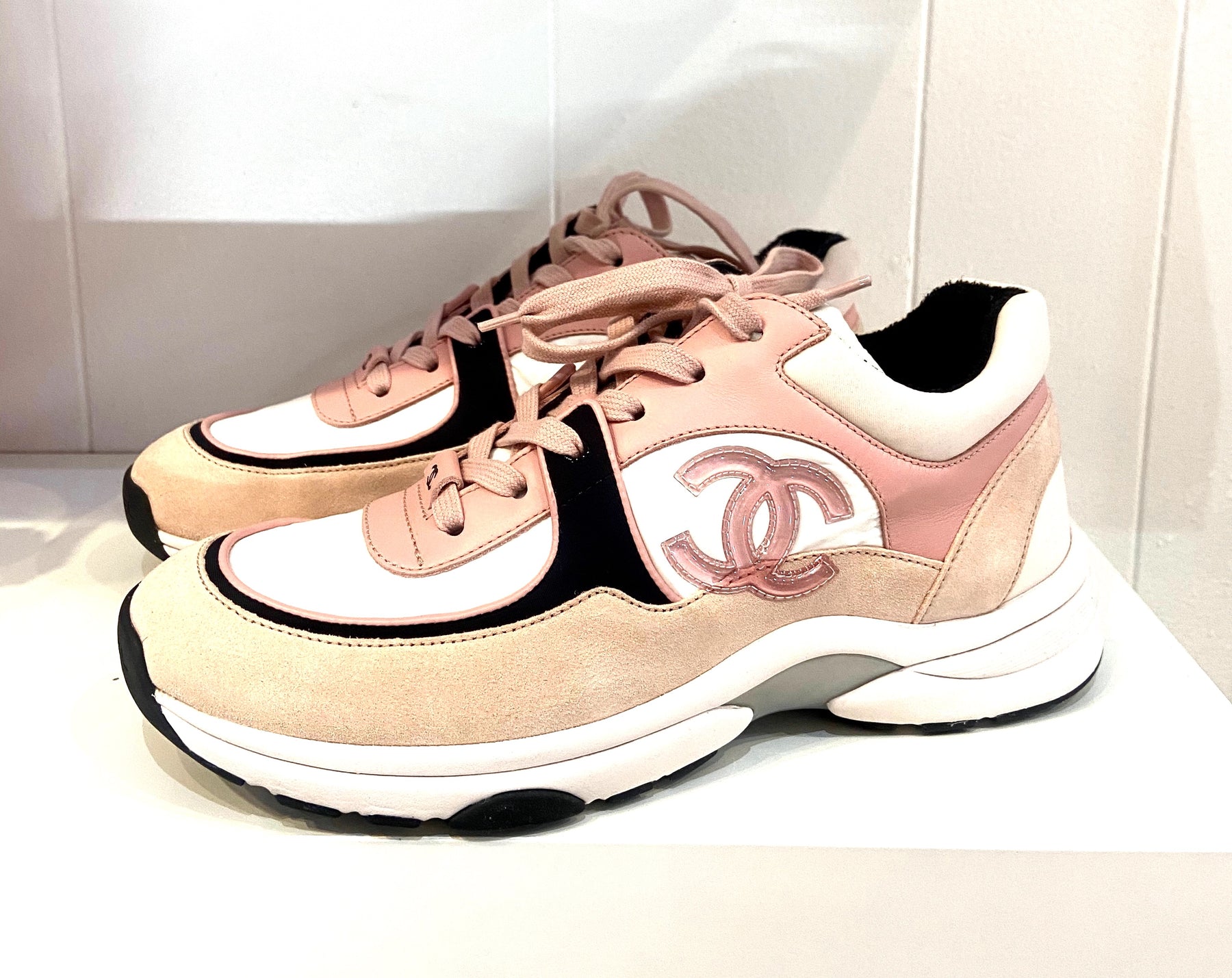 Chanel Suede Calfskin, Nylon Pink & Dark Pink Low Top Sneakers