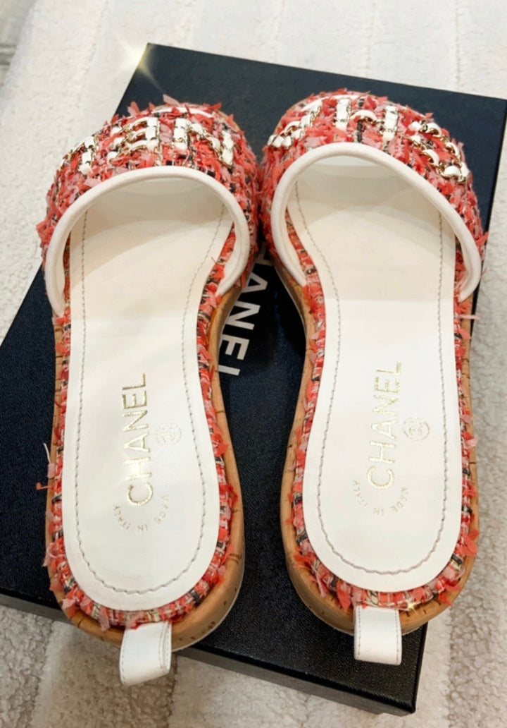 CHANEL TWEED CORK "CHA NEL" MULE SANDALS