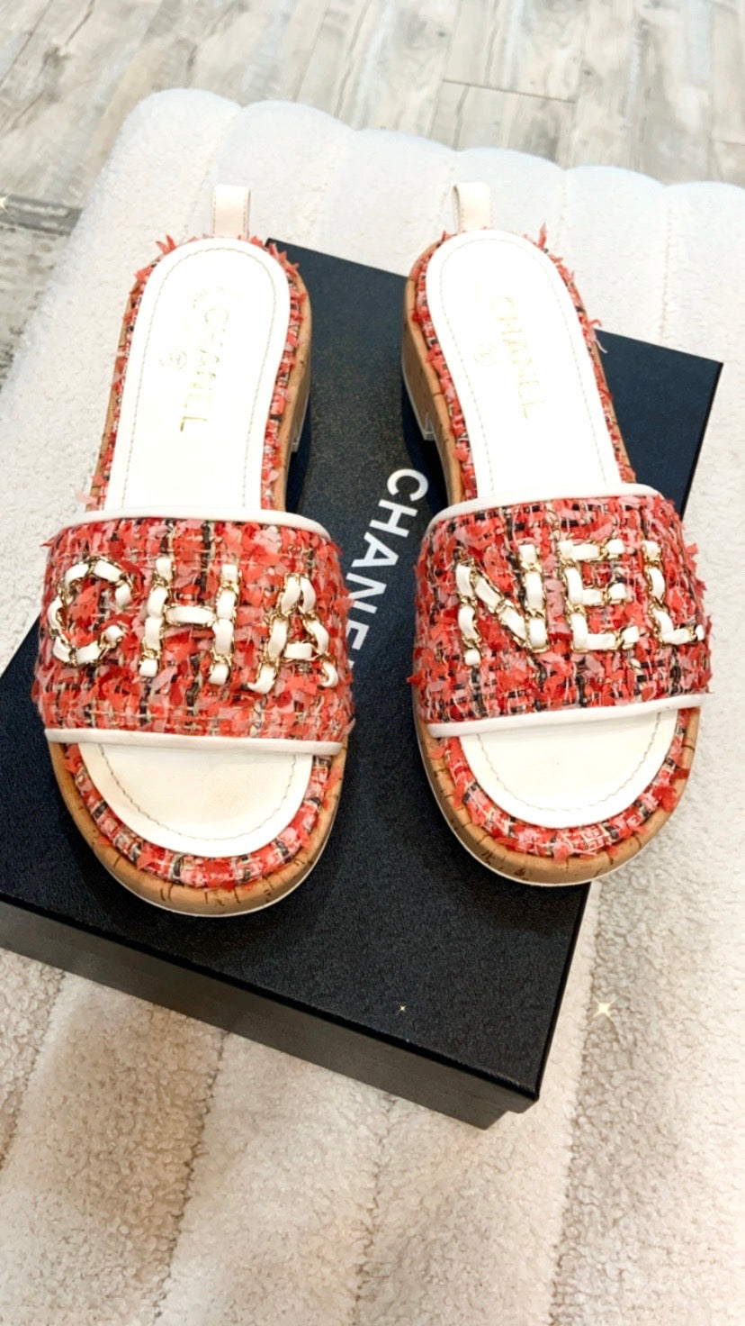 CHANEL TWEED CORK "CHA NEL" MULE SANDALS