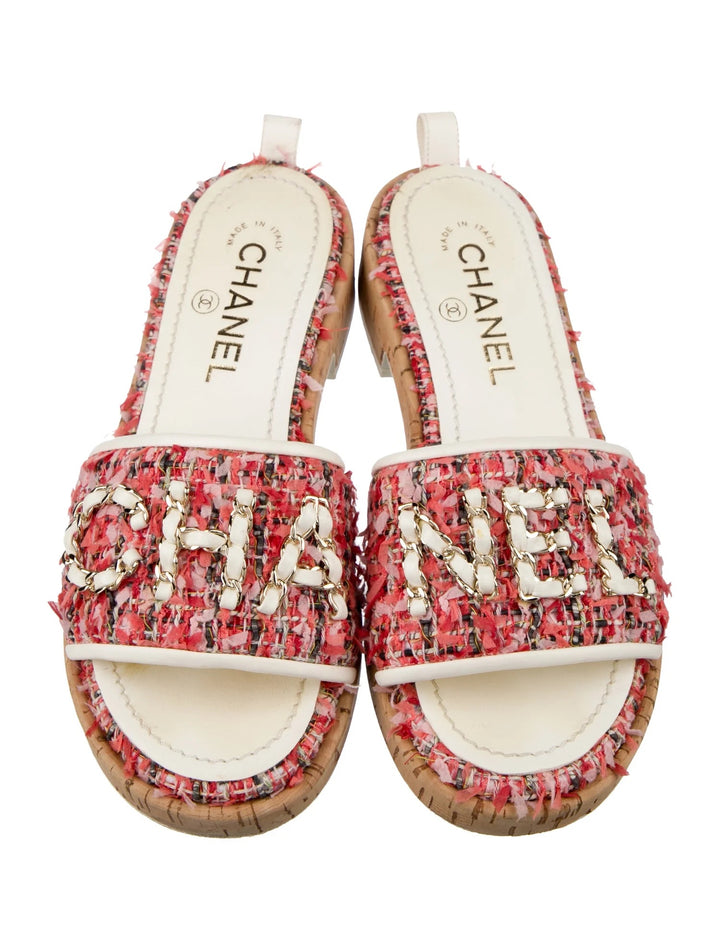 CHANEL TWEED CORK "CHA NEL" MULE SANDALS