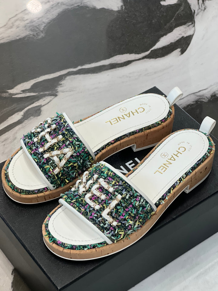 CHANEL TWEED LEATHER MULES SANDALS – Caroline's Fashion Luxuries