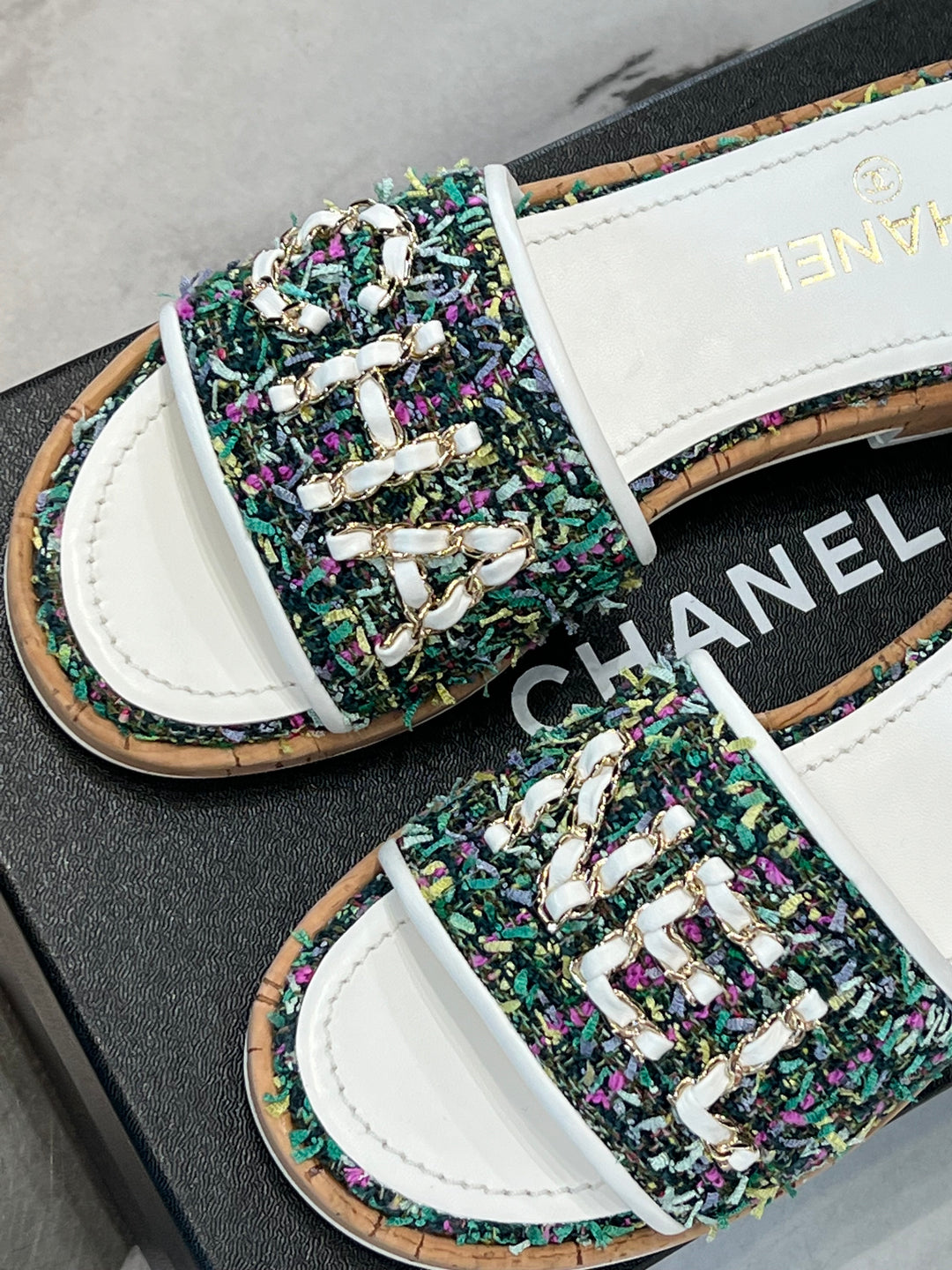 CHANEL TWEED LEATHER MULES SANDALS