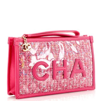 CHANEL TWEED PVC LAMBSKIN LEATHER WRISTLET CLUTCH