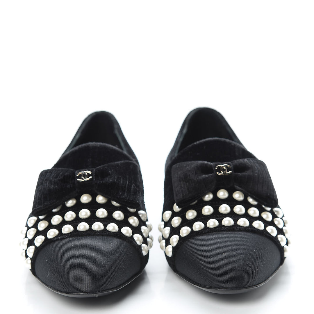 CHANEL VELVET GROSGRAIN PEARLS MOCCASIN LOAFERS