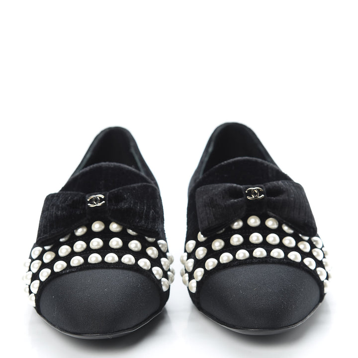 CHANEL VELVET GROSGRAIN PEARLS MOCCASIN LOAFERS