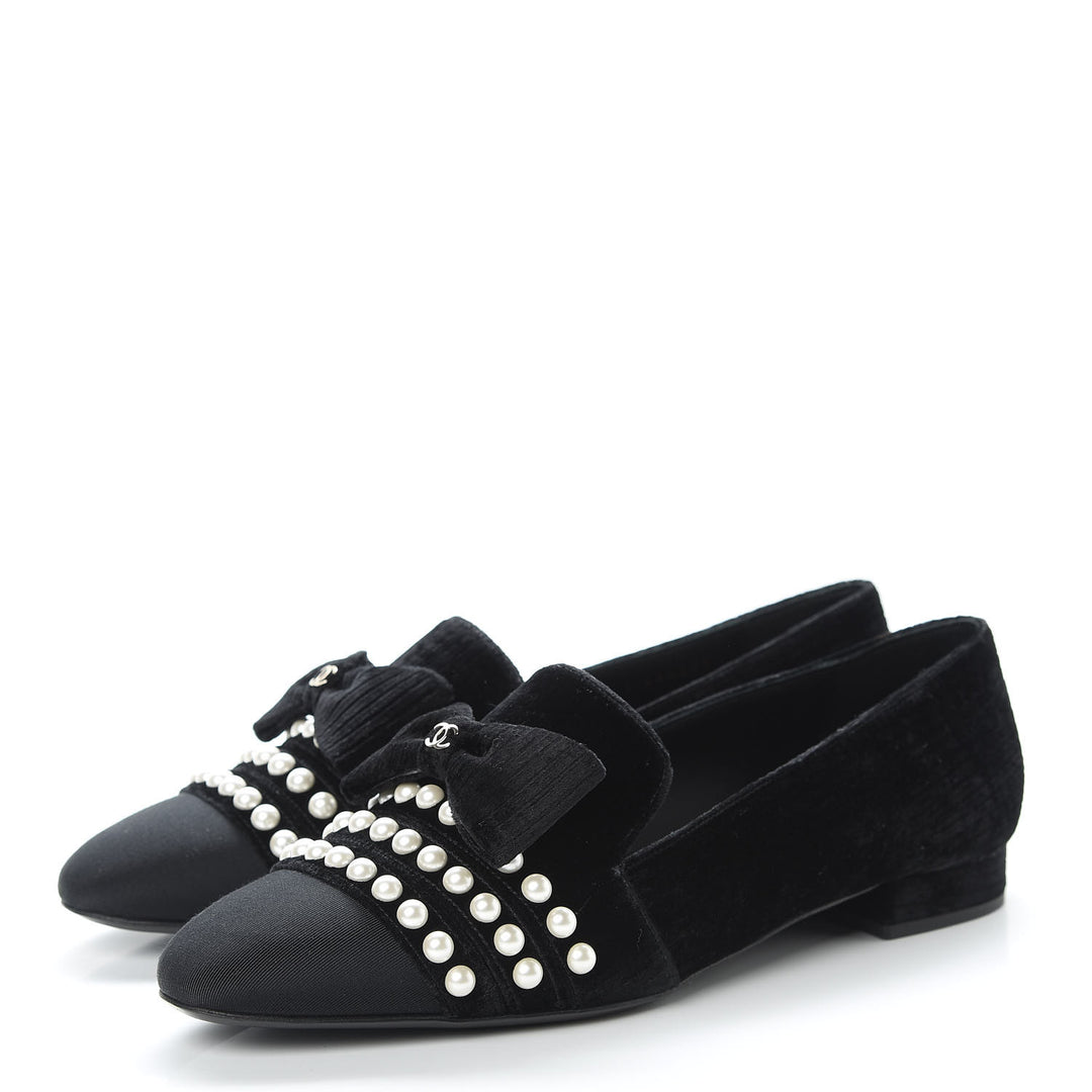 CHANEL VELVET GROSGRAIN PEARLS MOCCASIN LOAFERS
