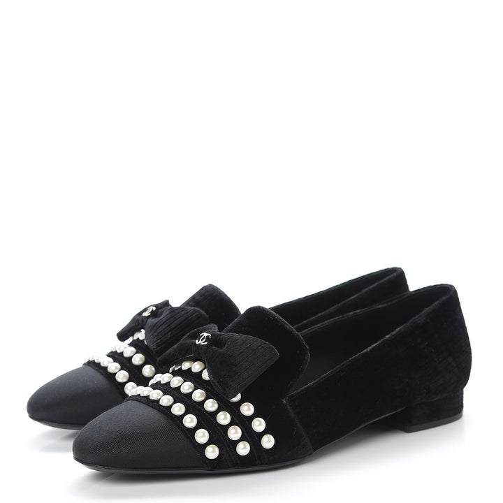 CHANEL VELVET GROSGRAIN PEARLS MOCCASIN LOAFERS