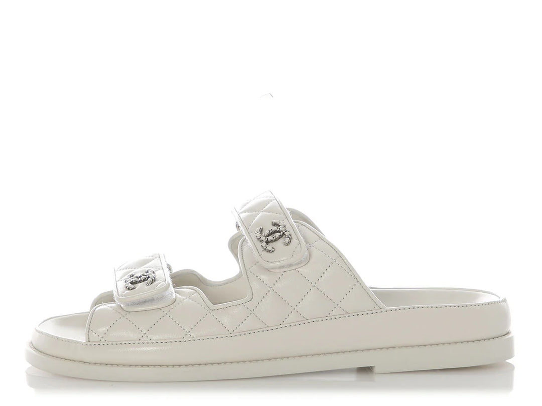 CHANEL LAMBSKIN QUILTED VELCRO DAD CHAIN CC SLIDE SANDALS