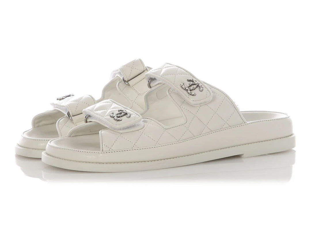 CHANEL LAMBSKIN QUILTED VELCRO DAD CHAIN CC SLIDE SANDALS
