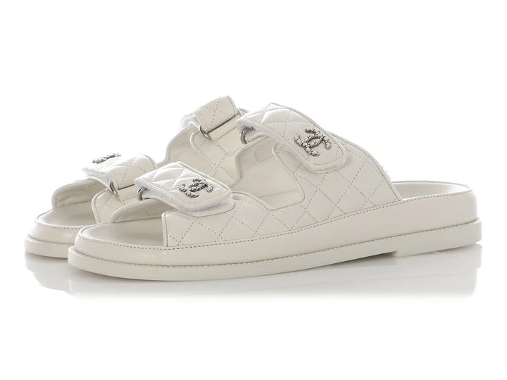 CHANEL LAMBSKIN QUILTED VELCRO DAD CHAIN CC SLIDE SANDALS