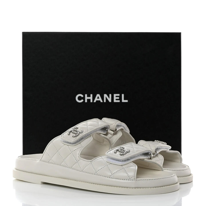 CHANEL LAMBSKIN QUILTED VELCRO DAD CHAIN CC SLIDE SANDALS