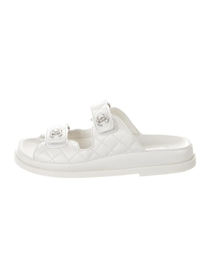 CHANEL LAMBSKIN QUILTED VELCRO DAD CHAIN CC SLIDE SANDALS