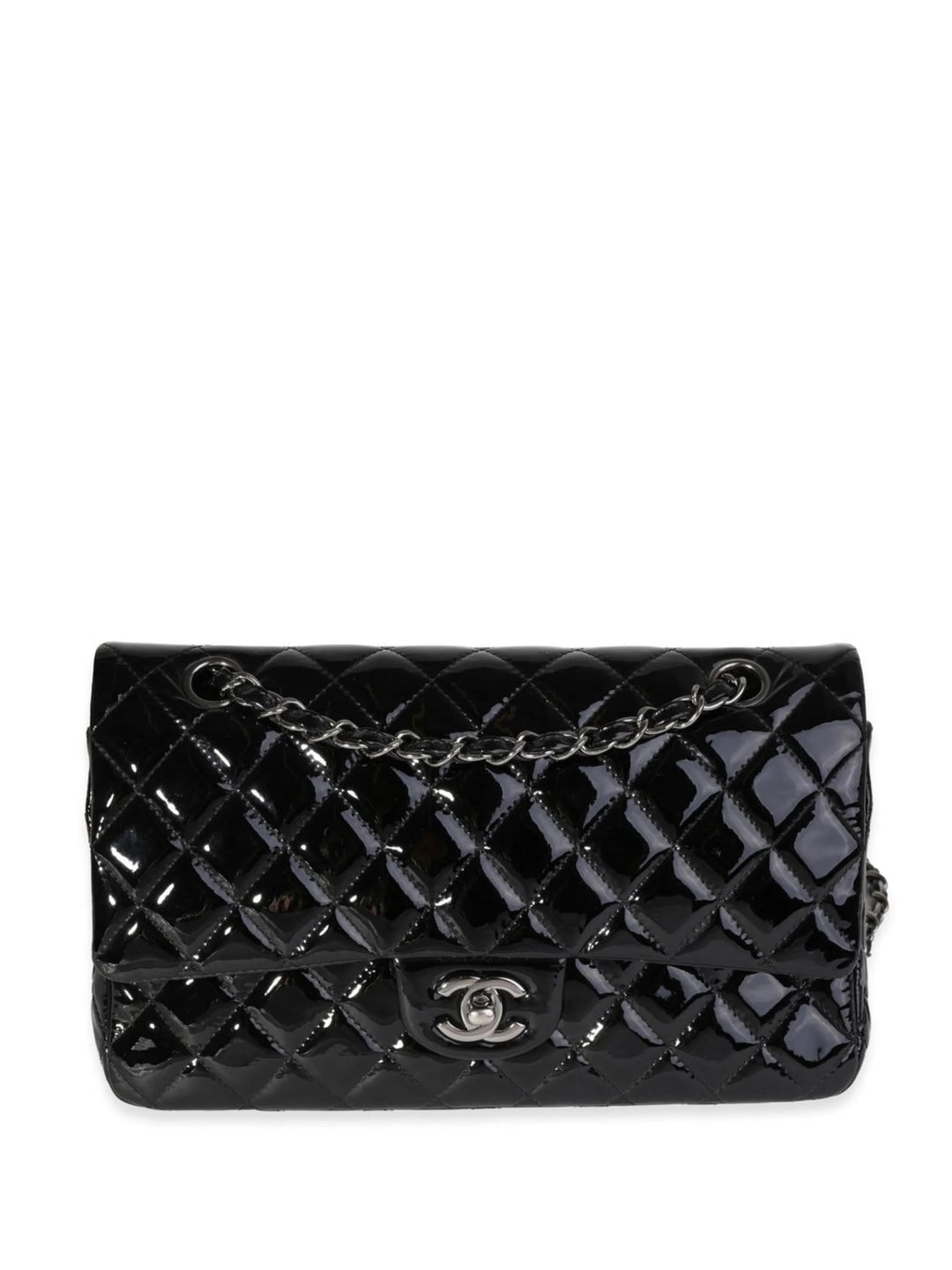 CHANEL CLASSIC QUILTED PATENT DOUBLE FLAP SHOULDER BAG