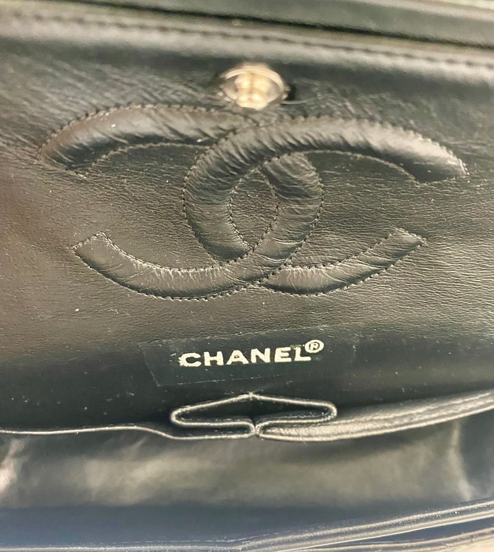 CHANEL CLASSIC QUILTED PATENT DOUBLE FLAP SHOULDER BAG