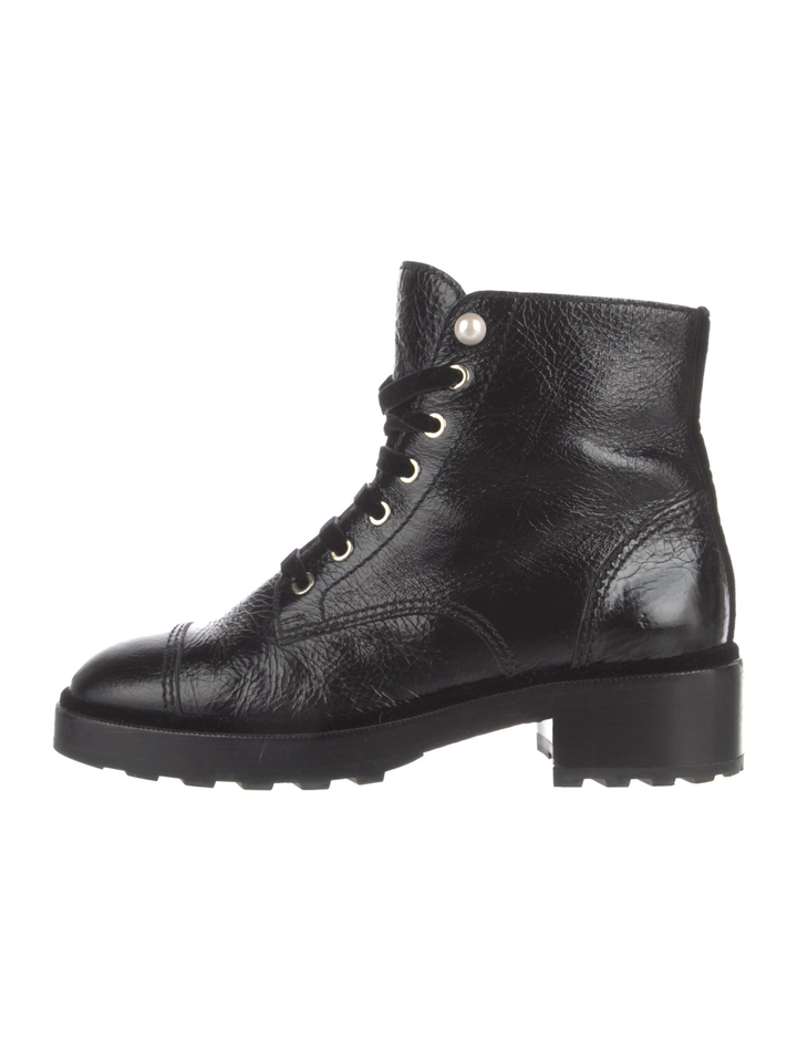 CHANEL SHINY CALFSKIN LEATHER PEARL ACCENT COMBAT BOOTS
