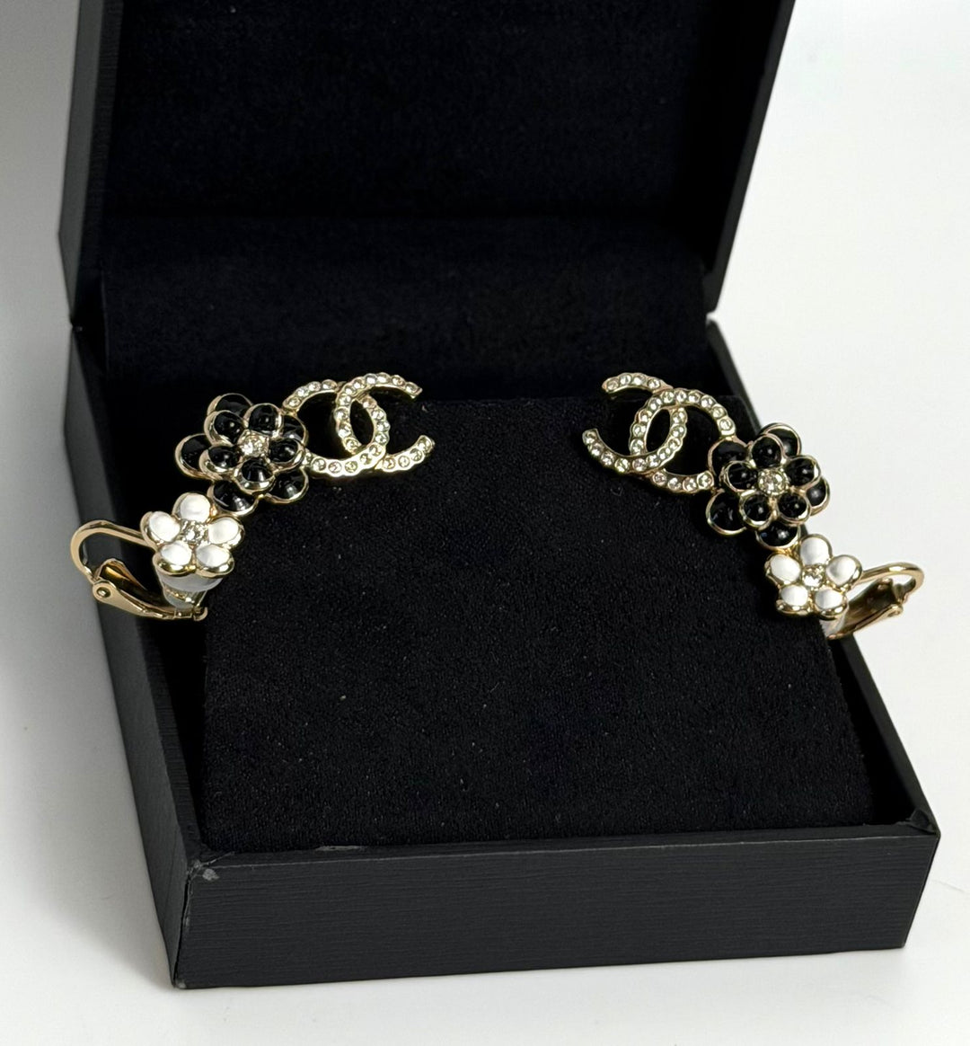 CHANEL STRASS &amp; RESIN CAMELIA CC EAR CLIMBER EARRINGS
