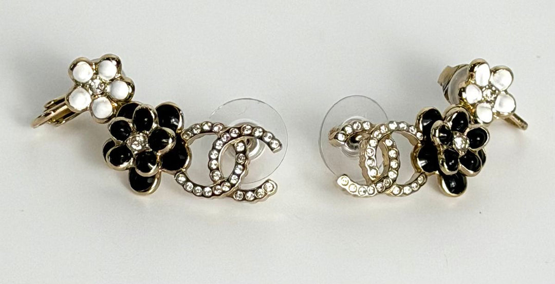 CHANEL STRASS &amp; RESIN CAMELIA CC EAR CLIMBER EARRINGS