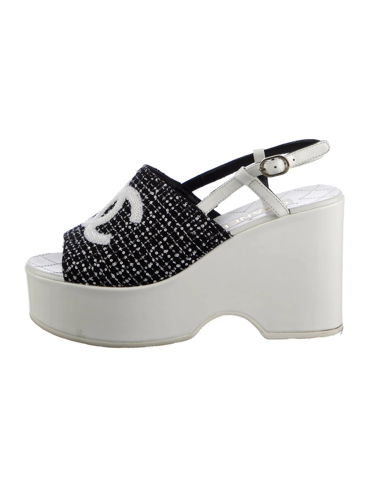 CHANEL CC LOGO SEQUINED TWEED PLATFORM WEDGE HEEL SLINGBACK SANDALS