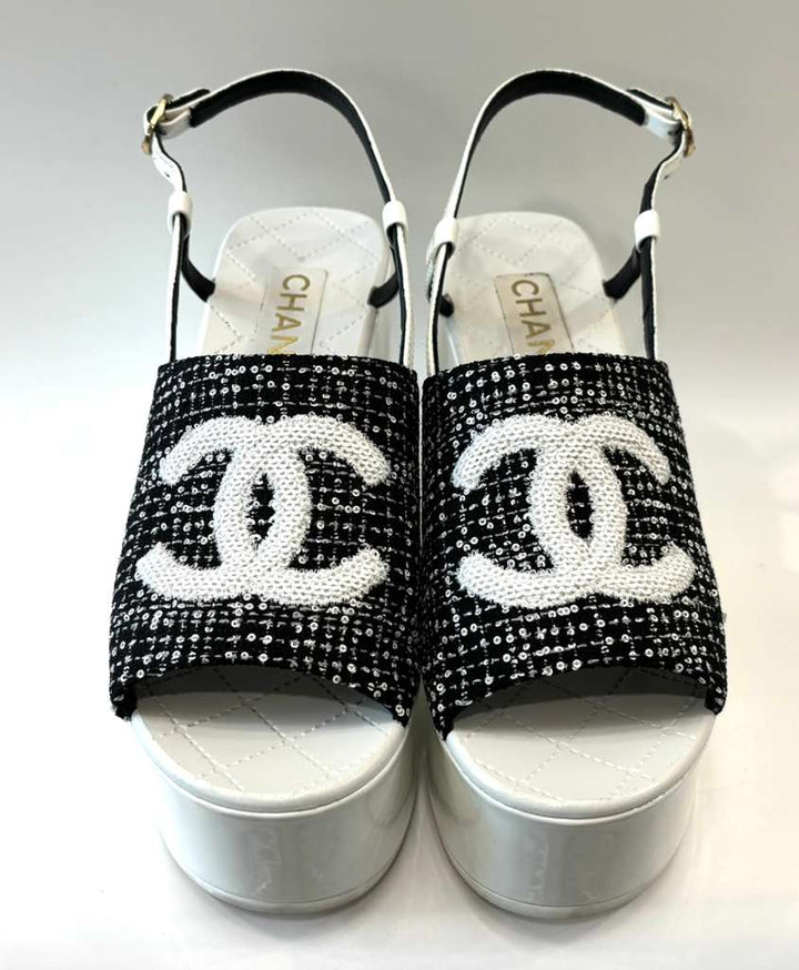 CHANEL CC LOGO SEQUINED TWEED PLATFORM WEDGE HEEL SLINGBACK SANDALS