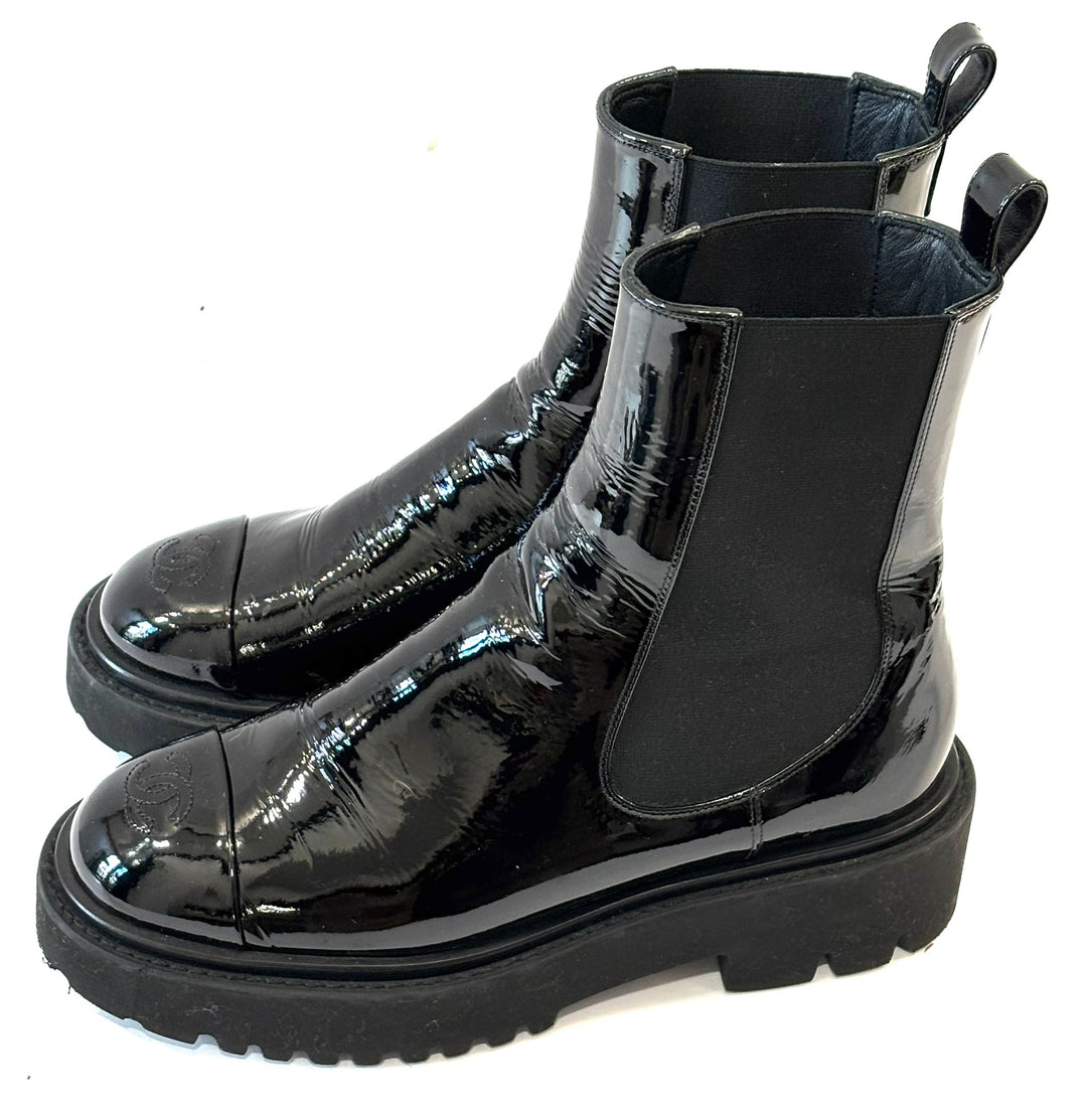 CHANEL PATENT CAP TOE CC ANKLE BOOTS