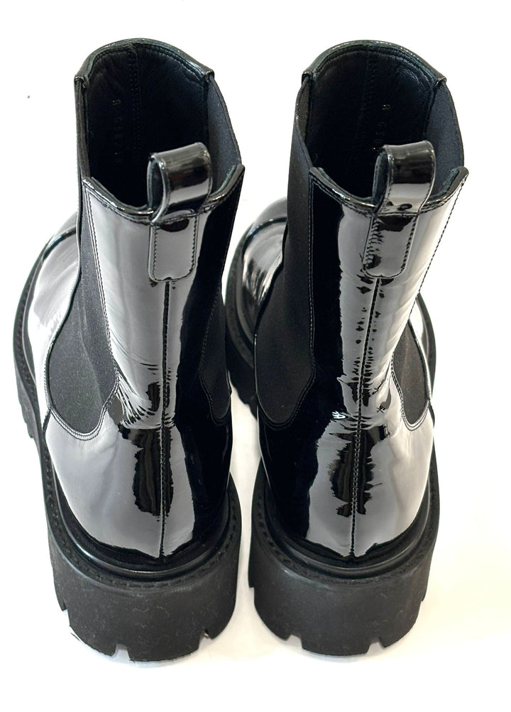 CHANEL PATENT CAP TOE CC ANKLE BOOTS