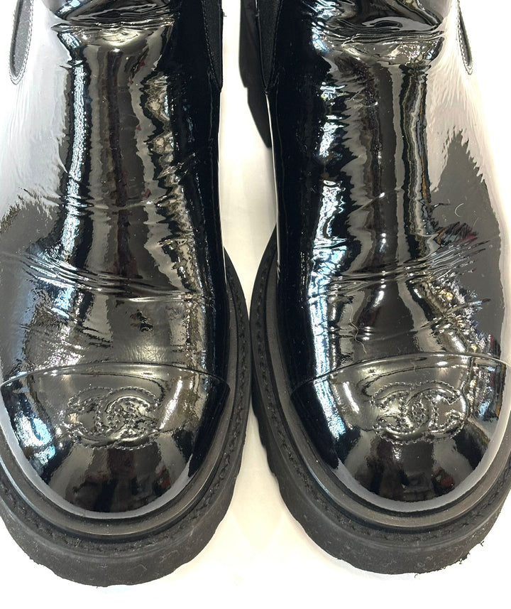 CHANEL PATENT CAP TOE CC ANKLE BOOTS