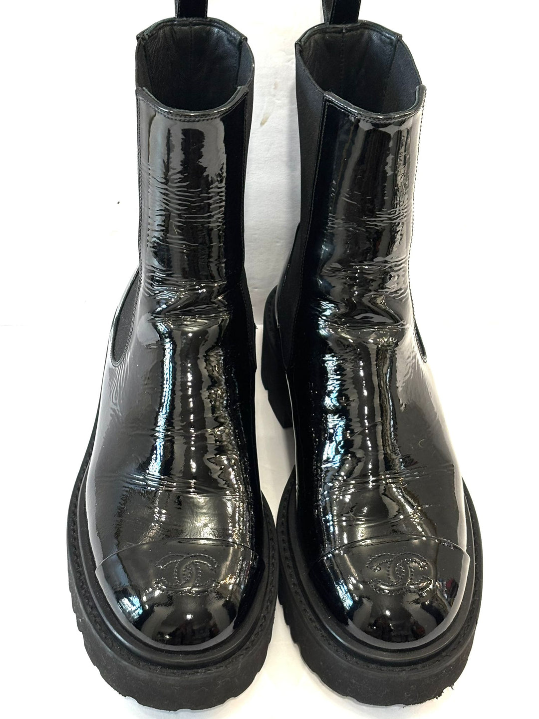 CHANEL PATENT CAP TOE CC ANKLE BOOTS