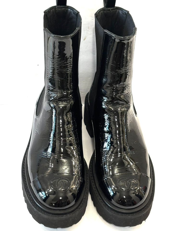 CHANEL PATENT CAP TOE CC ANKLE BOOTS