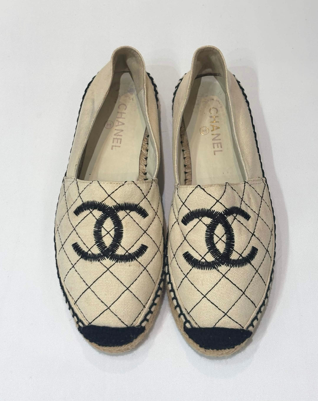 CHANEL BIARRITZ CC QUILTED CANVAS ESPADRILLS