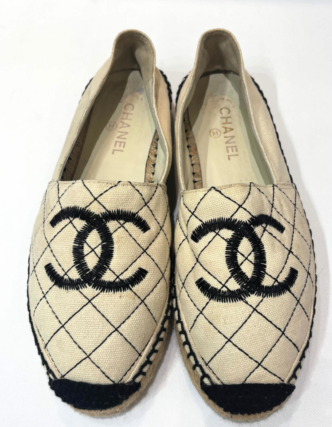 CHANEL BIARRITZ CC QUILTED CANVAS ESPADRILLS