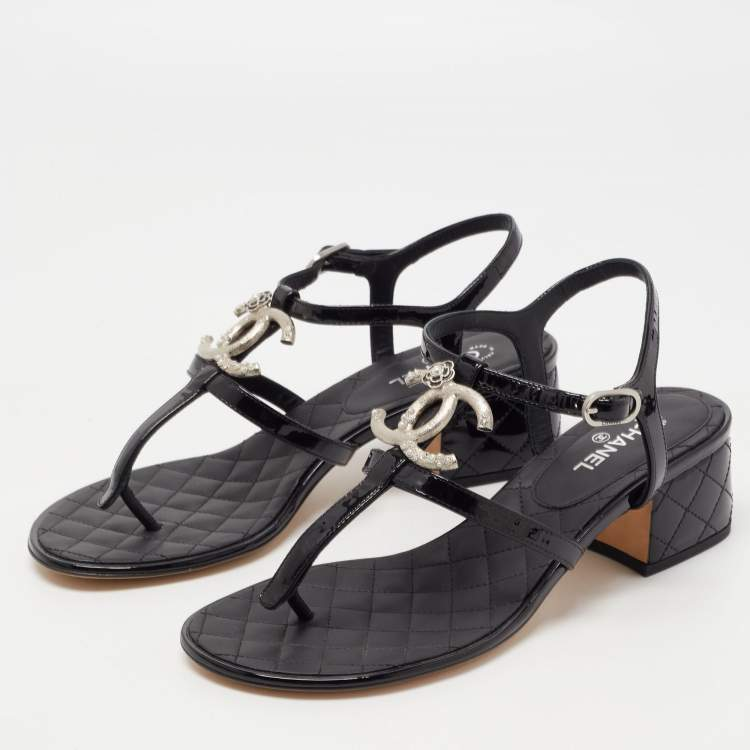 CHANEL PATENT LEATHER QUILTED CC CAMELLIA SANDALS