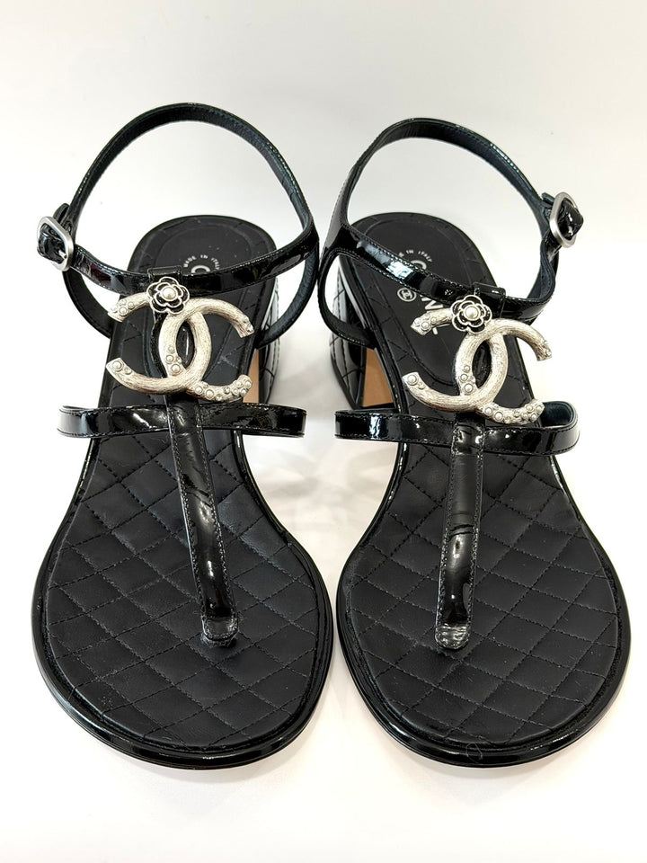 CHANEL PATENT LEATHER QUILTED CC CAMELLIA SANDALS