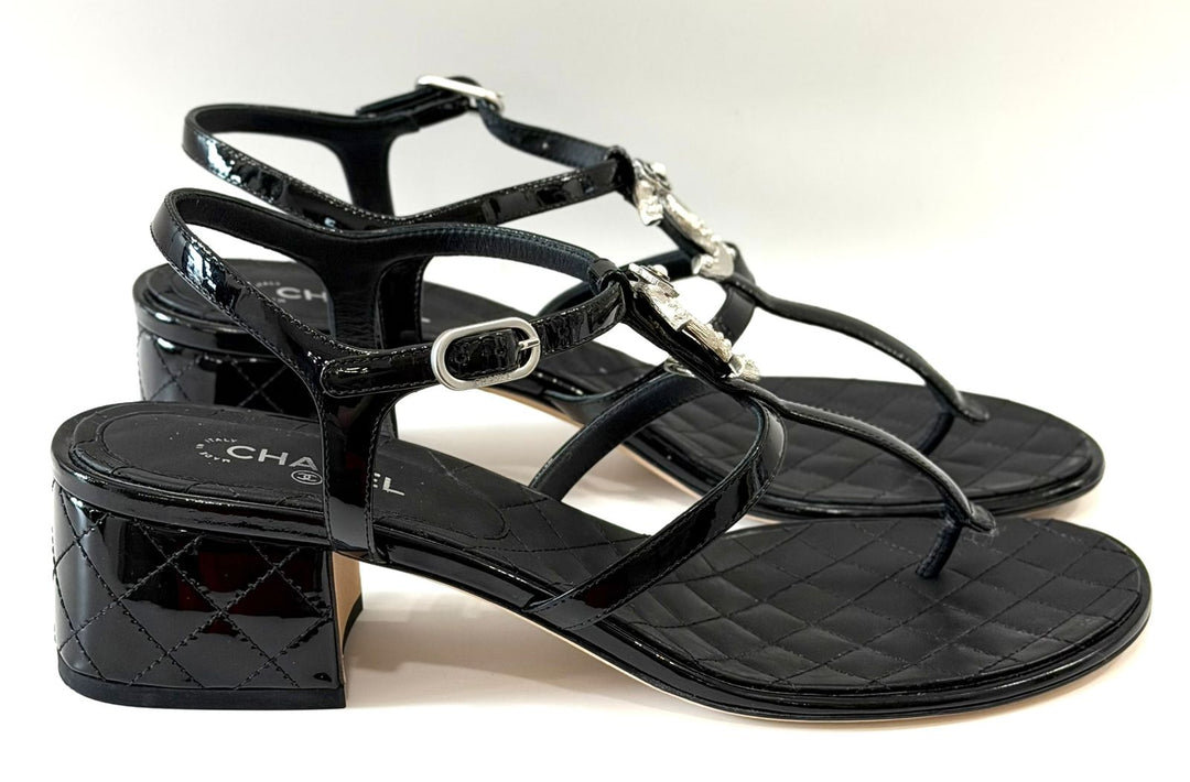 CHANEL PATENT LEATHER QUILTED CC CAMELLIA SANDALS