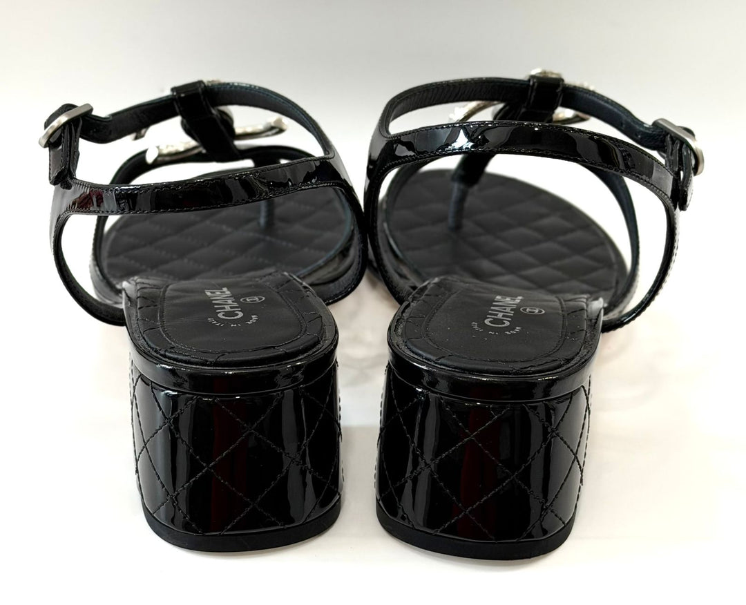 CHANEL PATENT LEATHER QUILTED CC CAMELLIA SANDALS