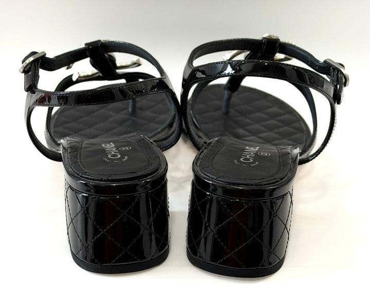 CHANEL PATENT LEATHER QUILTED CC CAMELLIA SANDALS