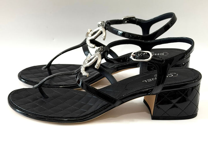 CHANEL PATENT LEATHER QUILTED CC CAMELLIA SANDALS