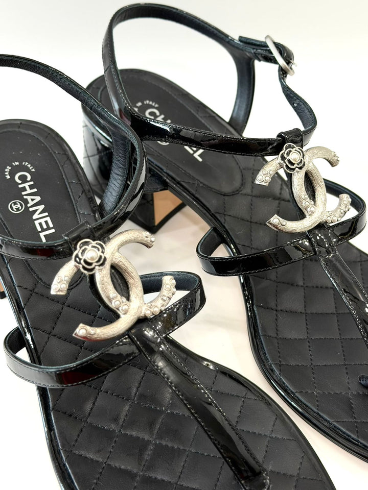 CHANEL PATENT LEATHER QUILTED CC CAMELLIA SANDALS
