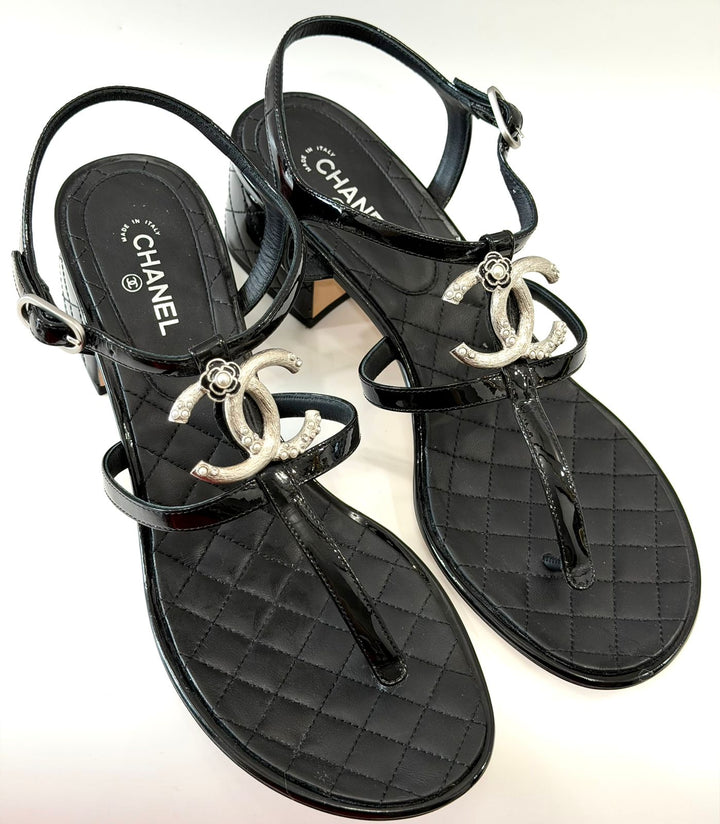 CHANEL PATENT LEATHER QUILTED CC CAMELLIA SANDALS
