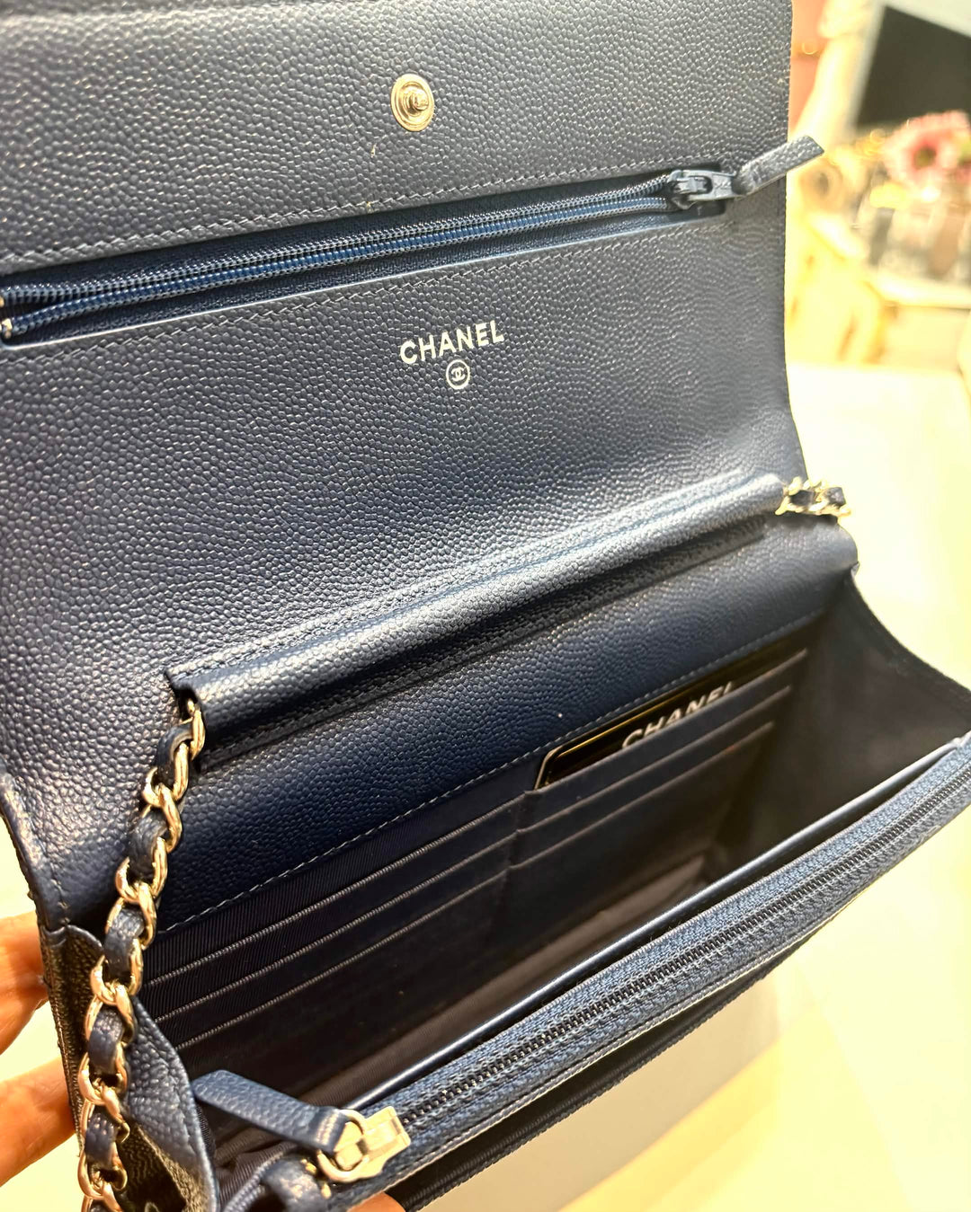 CHANEL CAVIAR CHEVRON QUILTED WALLET ON CHAIN